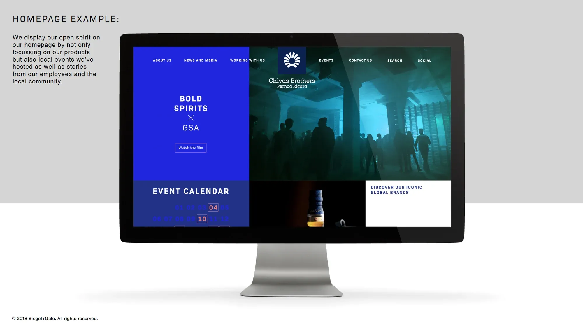 Design for the Chivas Brothers homepage: Bold Spirits × GSA, an event calendar and global brands, shown on a desktop screen.